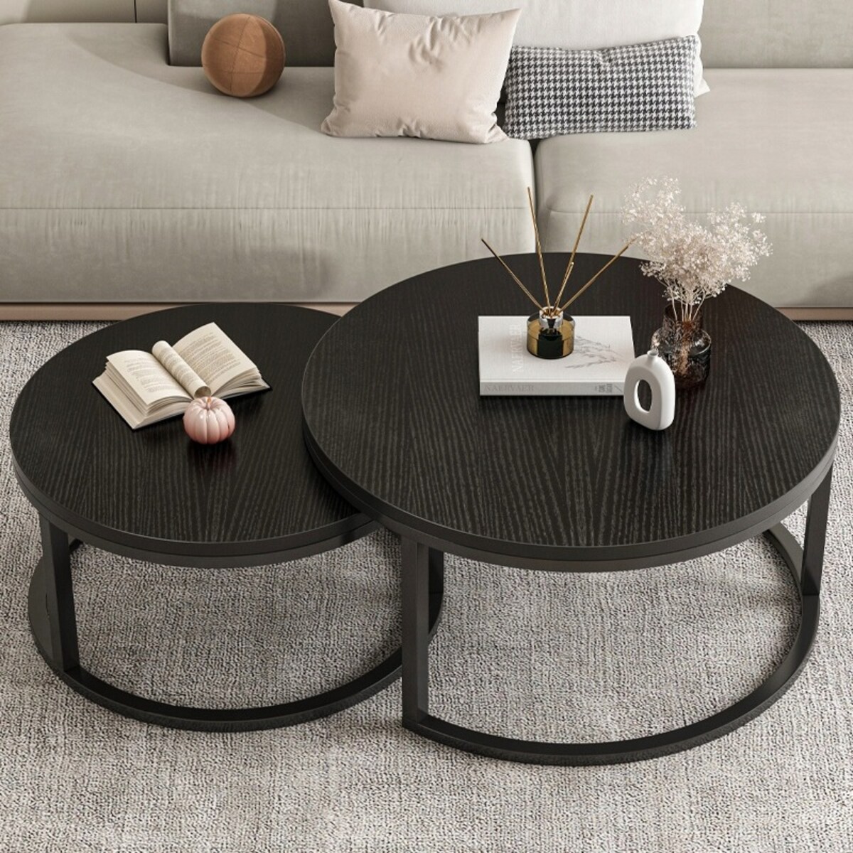 Zestaw 2 stolików kawowych czarnych okrągłych loft nowoczesne
