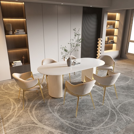 Nowoczesny złoty stół plisowany Glamour Nowojorski Blanka z kamiennym blatem o wzorze marmuru 180x90x75 / do jadalni