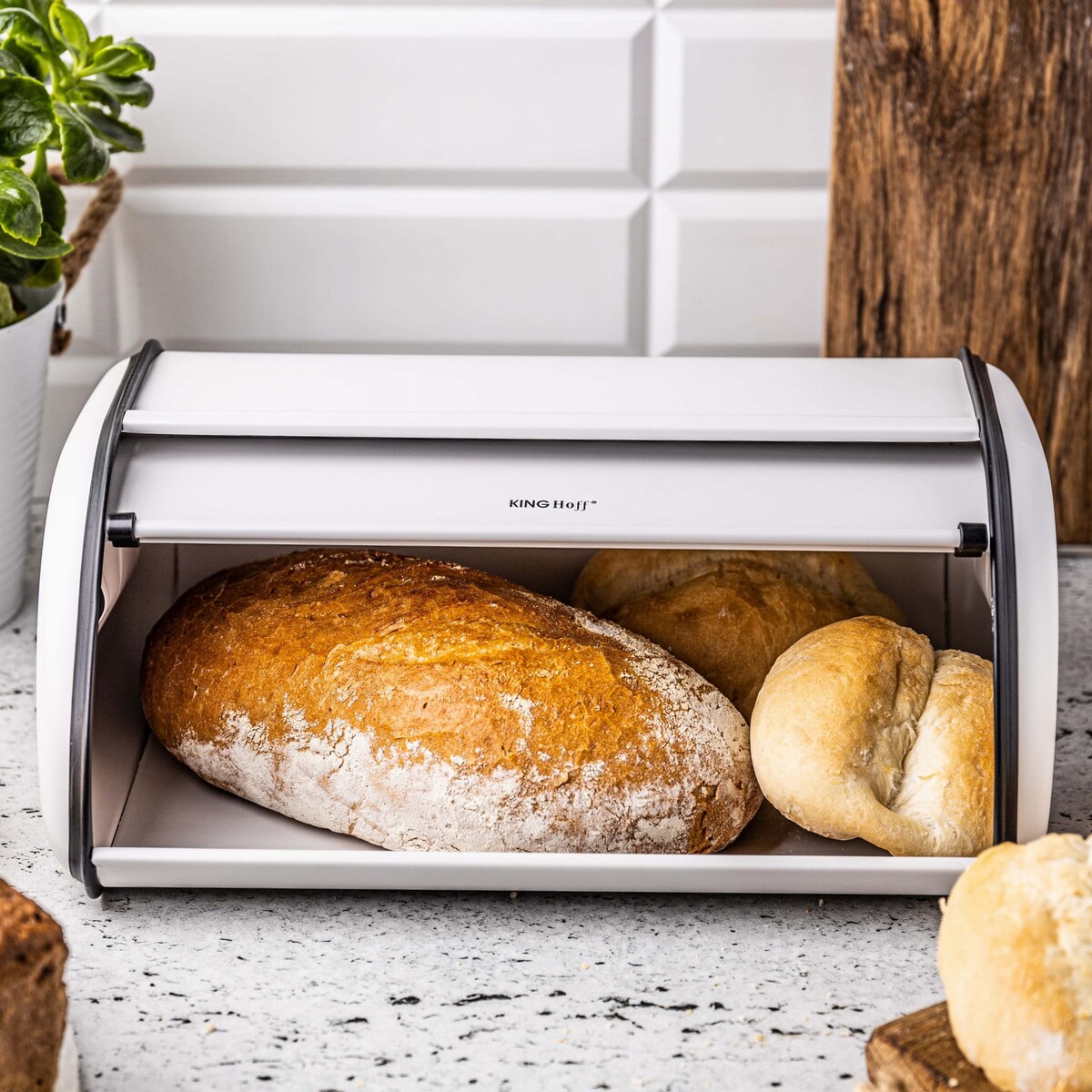 Chlebak stalowy duży 44cm biały matowy pojemnik na chleb pieczywo bułki KINGHOFF