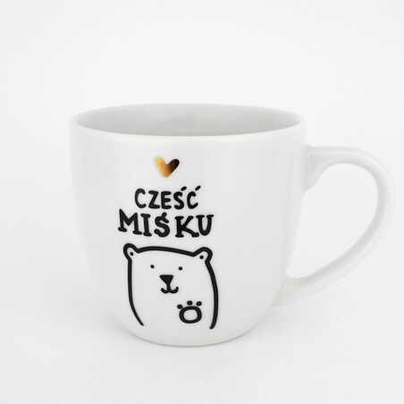 Biały kubek porcelanowy 300 ml - Złote serce i napis cześć miśku dla chłopaka na walentynki