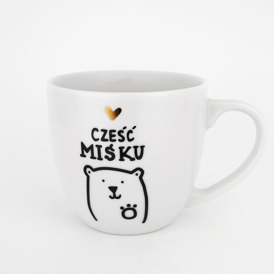 Biały kubek porcelanowy 300 ml - Złote serce i napis cześć miśku dla chłopaka na walentynki