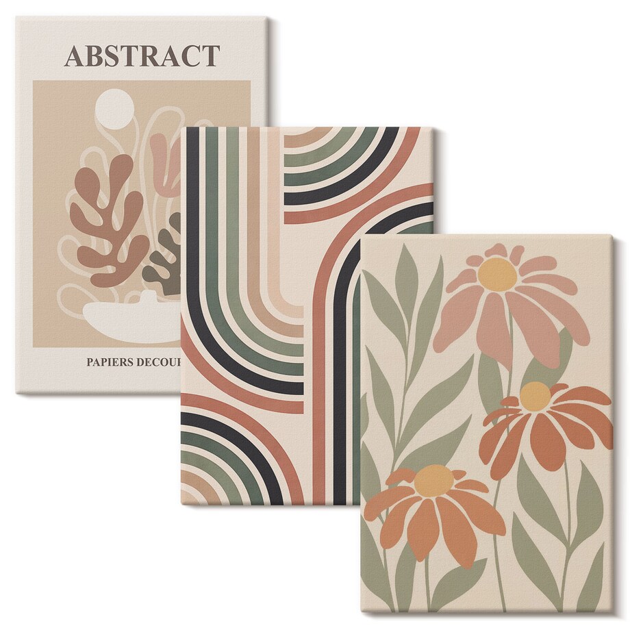 Zestaw 3 małych obrazów na płótnie - Abstrakcyjne rośliny w pastelach - pomarańczowy