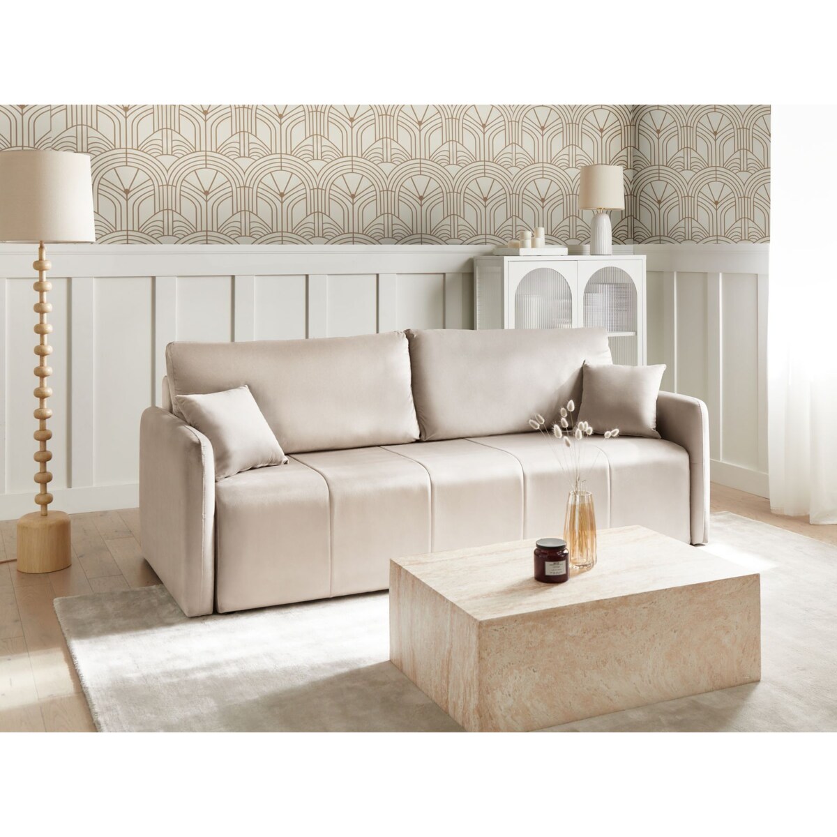 Sofa rozkładana dla 3 osób EGGE Welur Beżowoszary