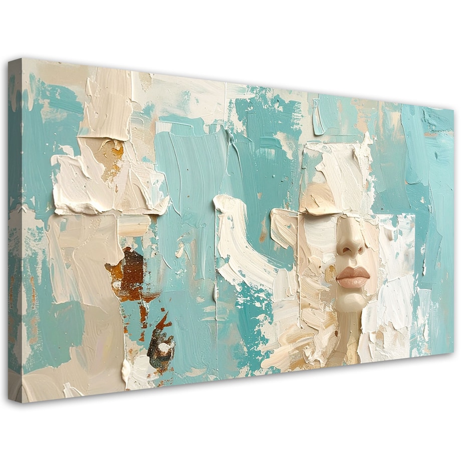 Obraz do salonu sypialni biura loftu, Abstrakcja Portret Kobiety w beżowo turkusowych kolorach 120x60 cm