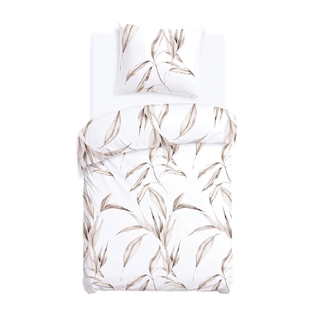 Pościel bawełniana 140x200 Livia biała w beżowe liście, Cottonlove