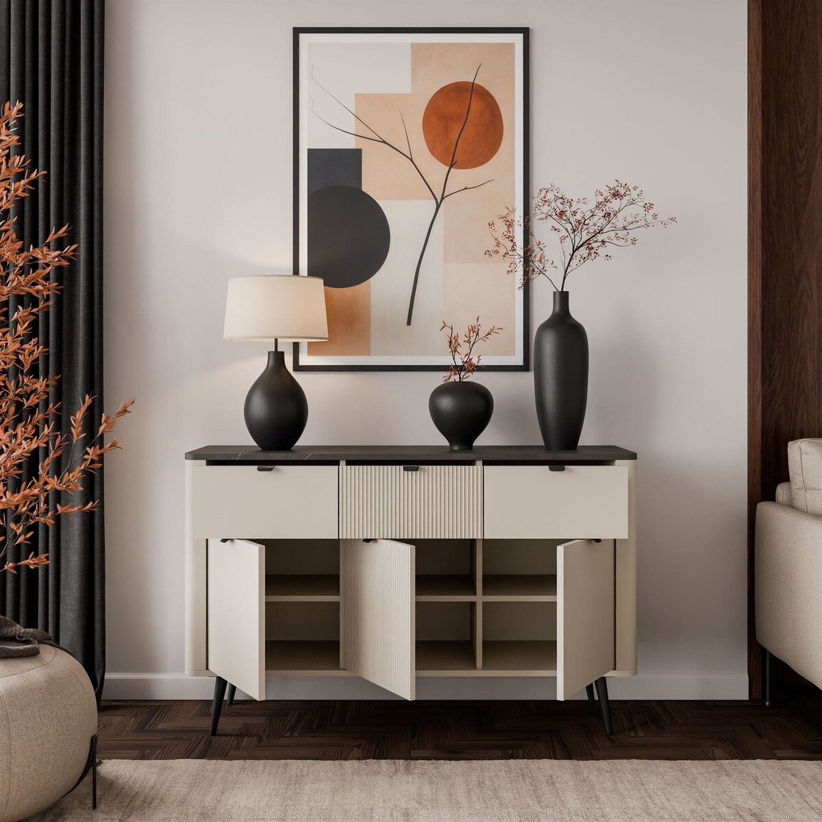 Komoda AUTUMN 3D3S na wysokich nóżkach, kaszmir / szary kamień