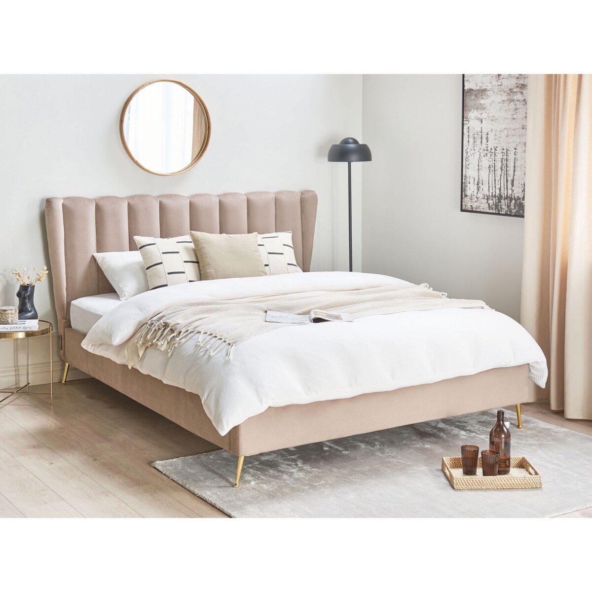 Łóżko welurowe 160 x 200 cm z portem USB beżowoszare MIRIBEL