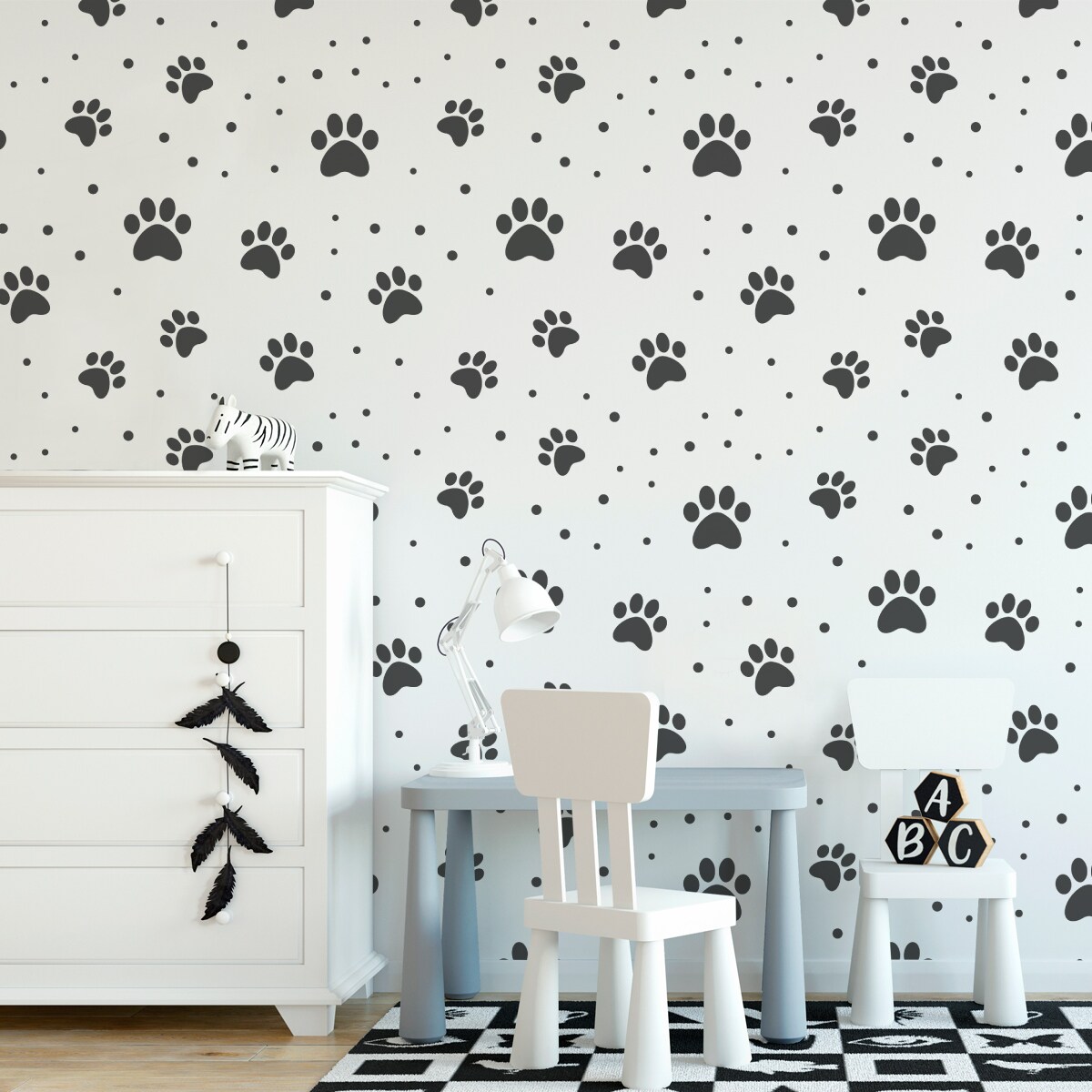 Tapeta Dla Dzieci Szare Psie ŁAPKI Kropki