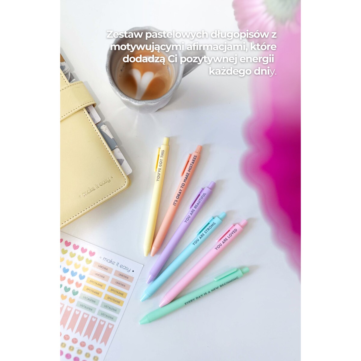 Zestaw pastelowych długopisów z motywującymi cytatami!