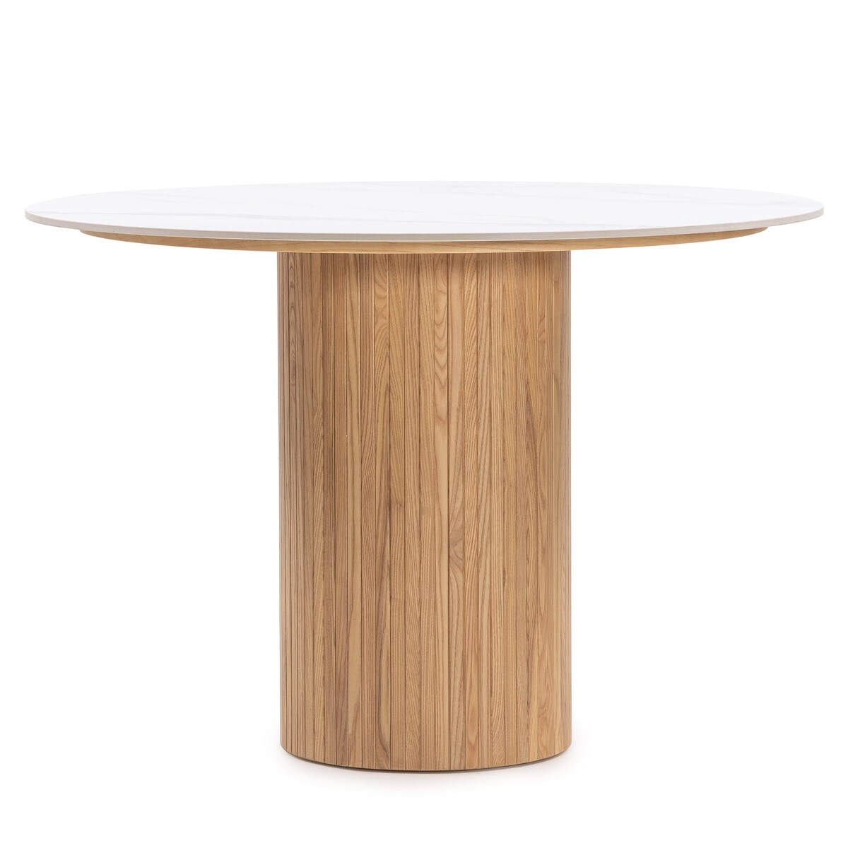 Stół okrągły lamele, efekt białego marmuru, spiek, jesion