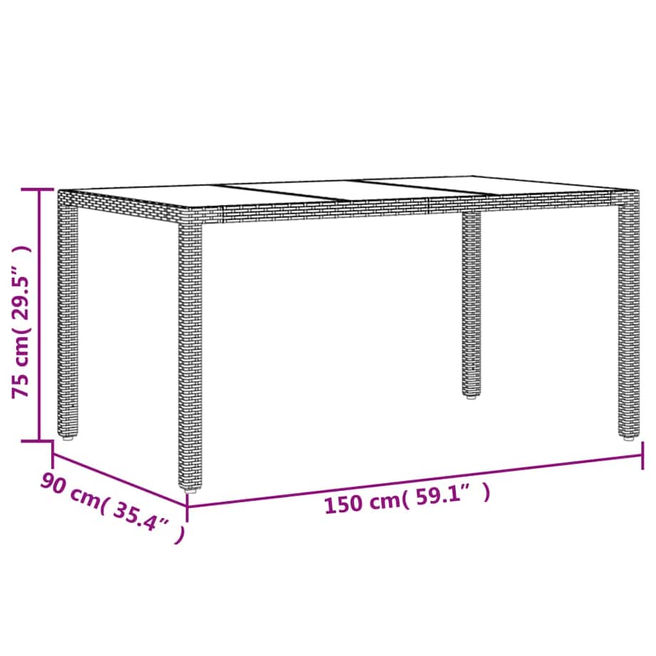 vidaXL Stół ogrodowy ze szklanym blatem, czarny, 150x90x75cm rattan PE