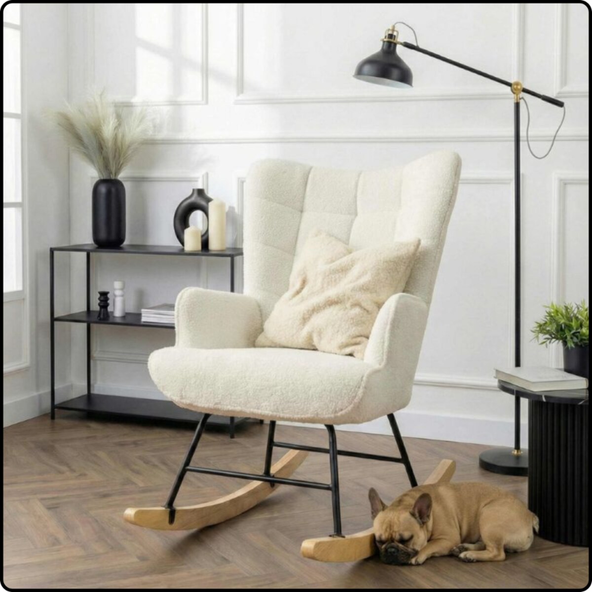 Fotel bujany tapicerowany baranek wygodny wypoczynkowy uszak salon beżowy