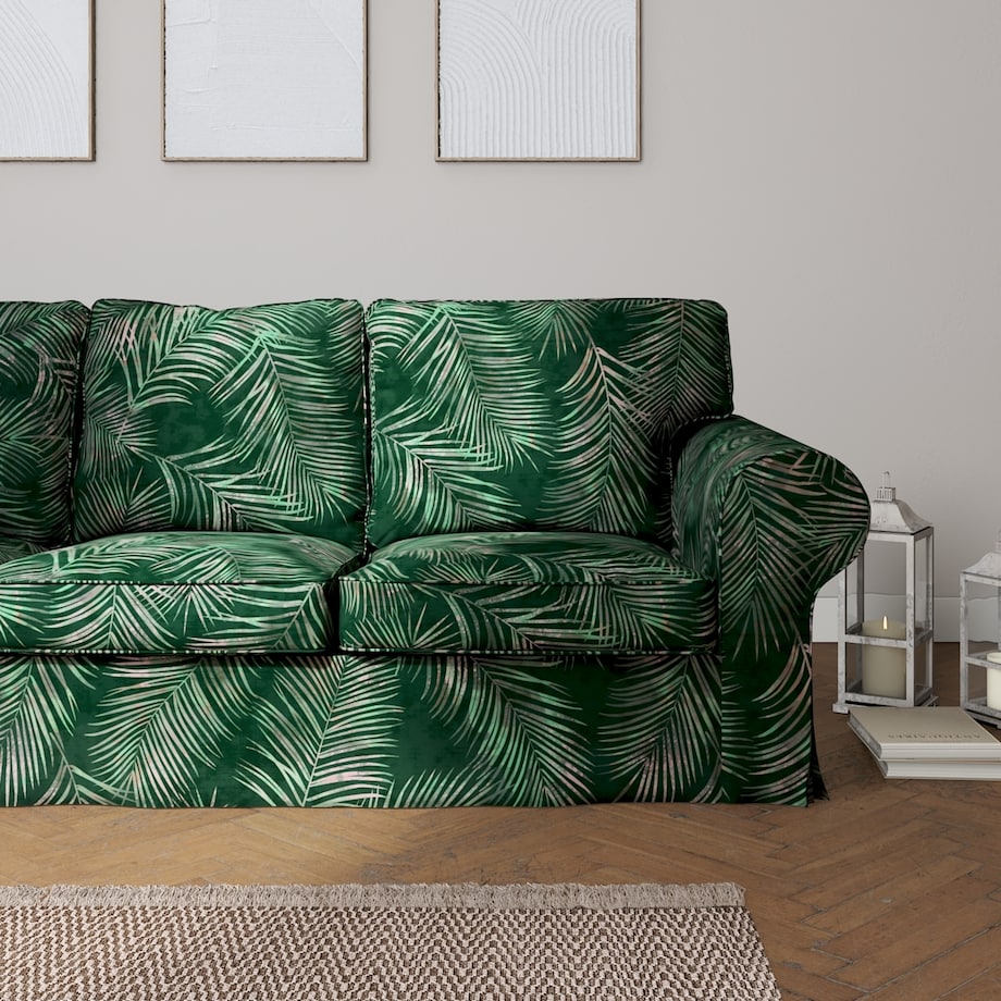 Pokrowiec na sofę Ektorp 3-osobową, rozkładaną, liscie na zielonym tle , 218 x 88 x 88 cm, Velvet