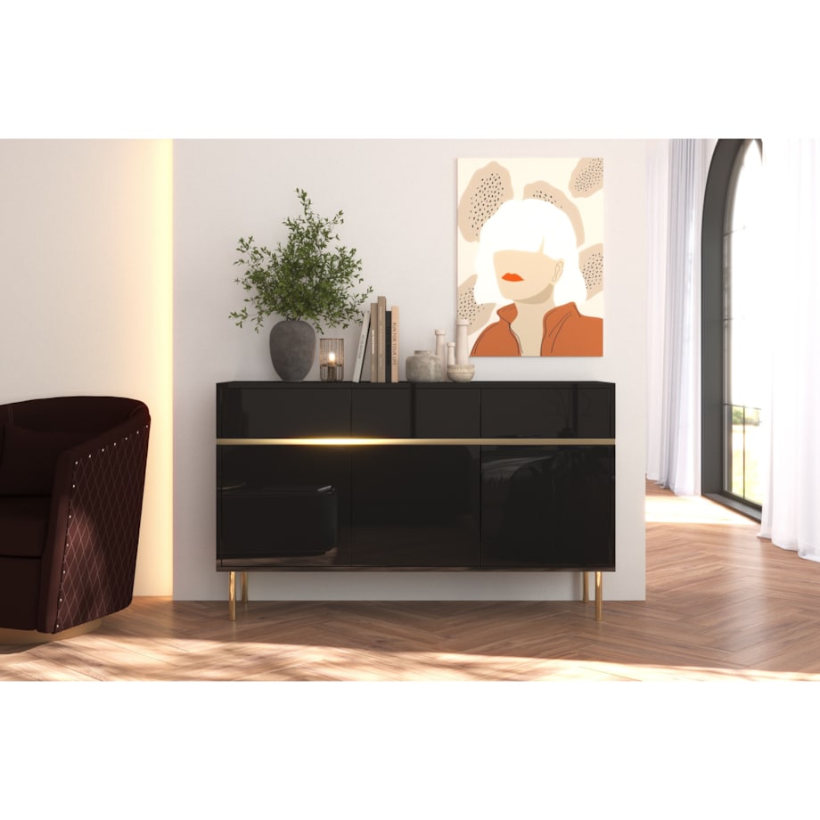 Elegancka czarna komoda Dancan MARIKA ze złotymi dodatkami