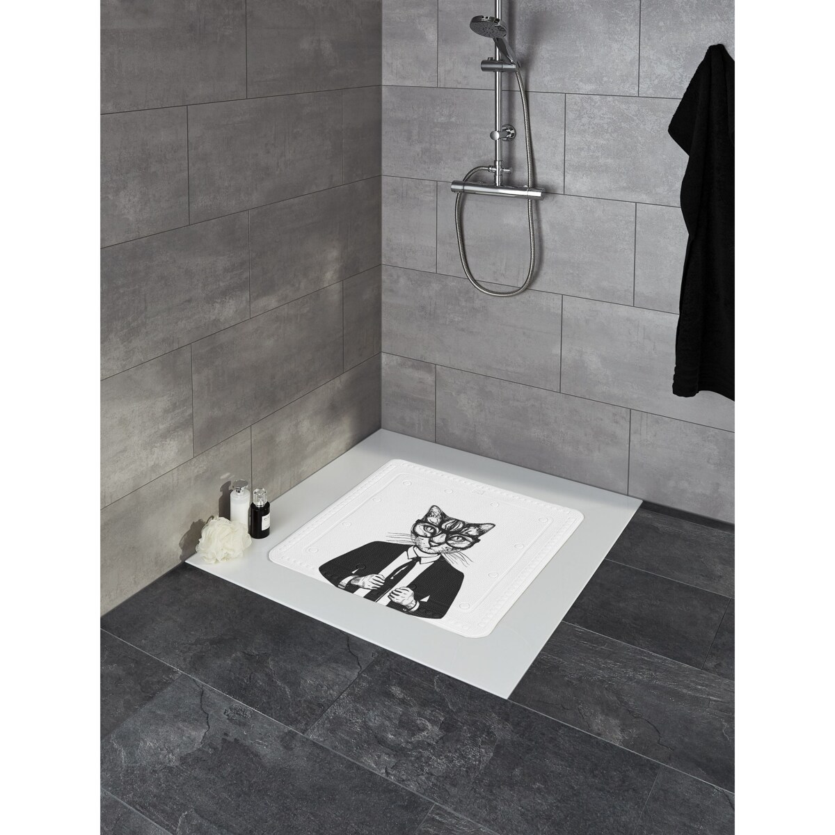 kopia Kleine Wolke Kalli Mata antypoślizgowa pod prysznic 55x55 cm kot PVC czarno-biały