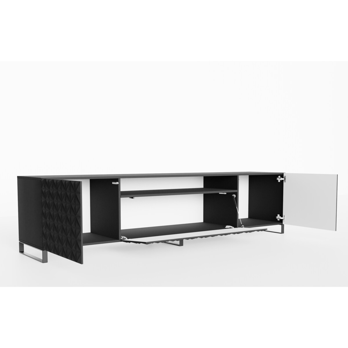 Szafka RTV ALI 200 cm, stojąca, z ozdobnymi frontami, pod telewizor- czarna