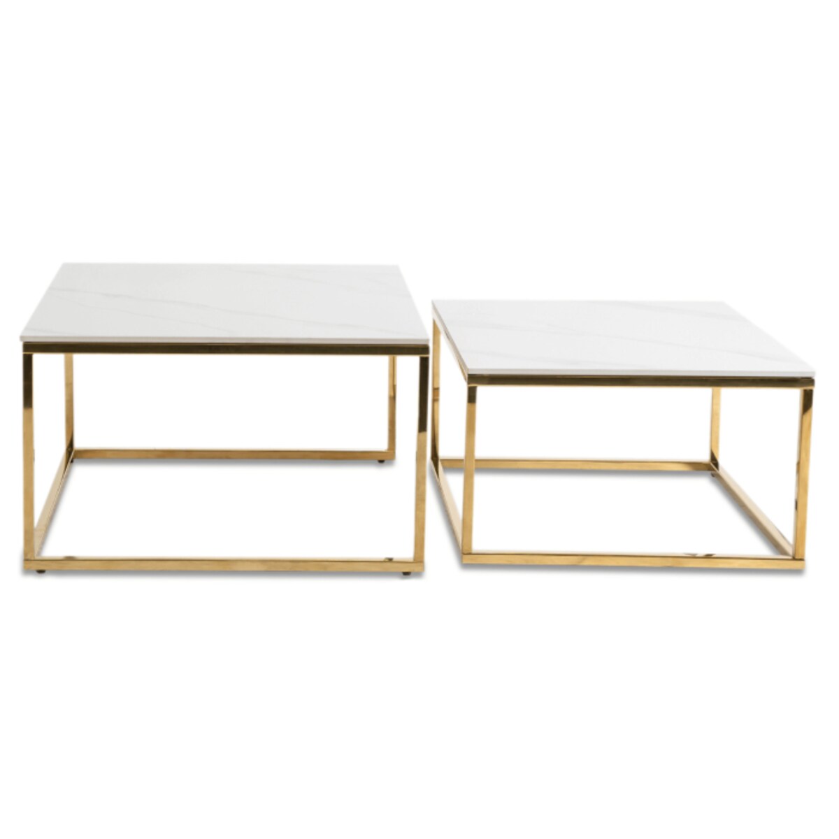 Stolik Kawowy Kwadratowy Zestaw 2w1 Ława Glamour Biały Marmur Złoty TENOR