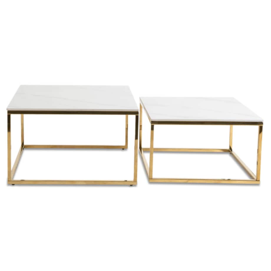 Stolik Kawowy Kwadratowy Zestaw 2w1 Ława Glamour Biały Marmur Złoty TENOR