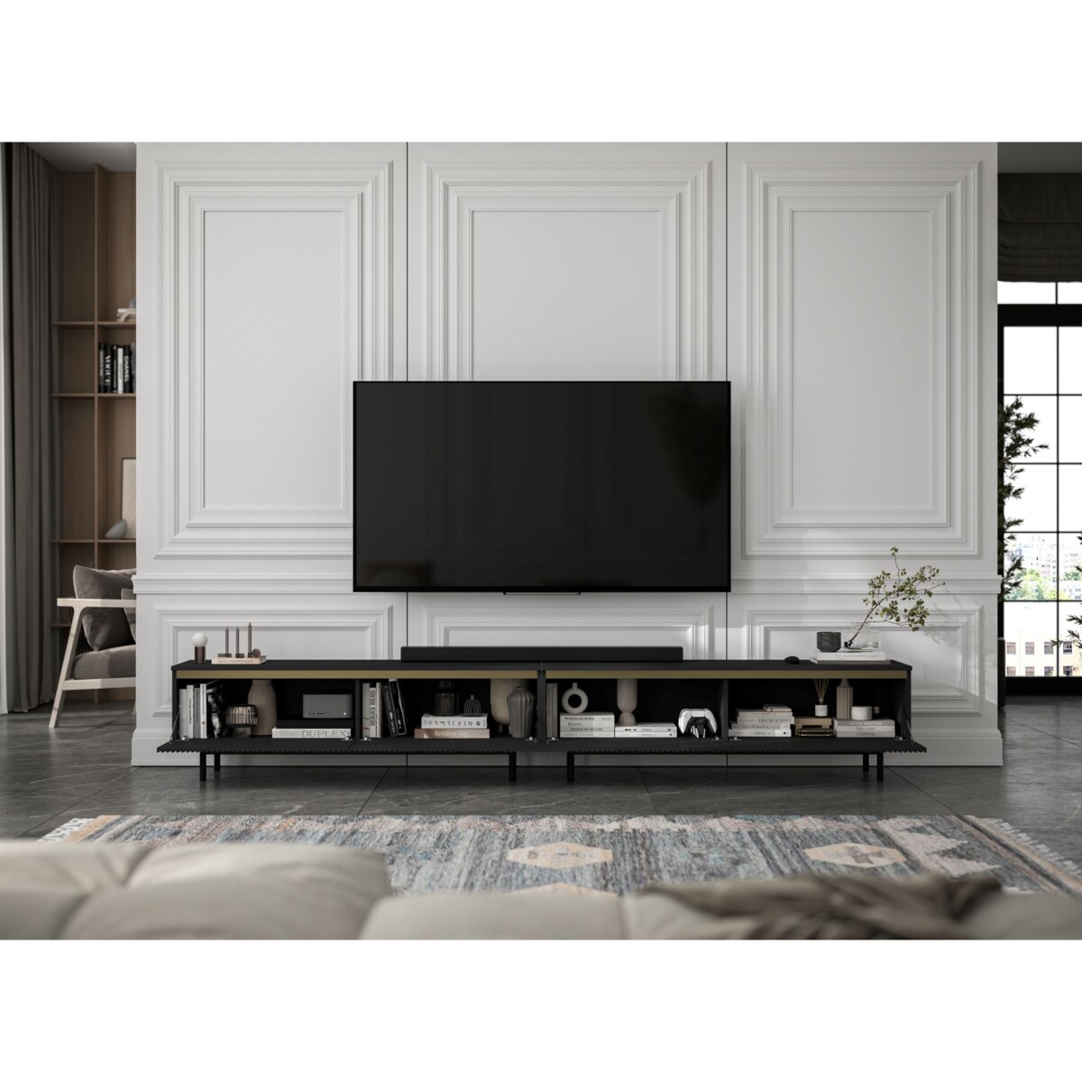 Nowoczesna Szafka RTV Glamour Komoda RTV Czarny Mat 280 cm czarne akcenty