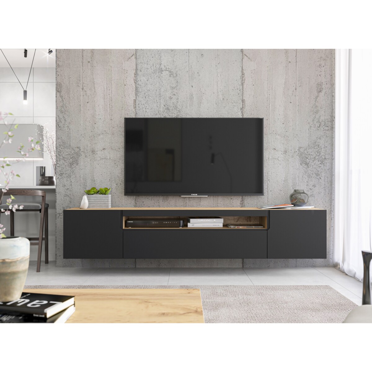 Wisząca Szafka RTV Komoda RTV Loft Industrialna Dąb Artisan Czarny MAT 200 cm