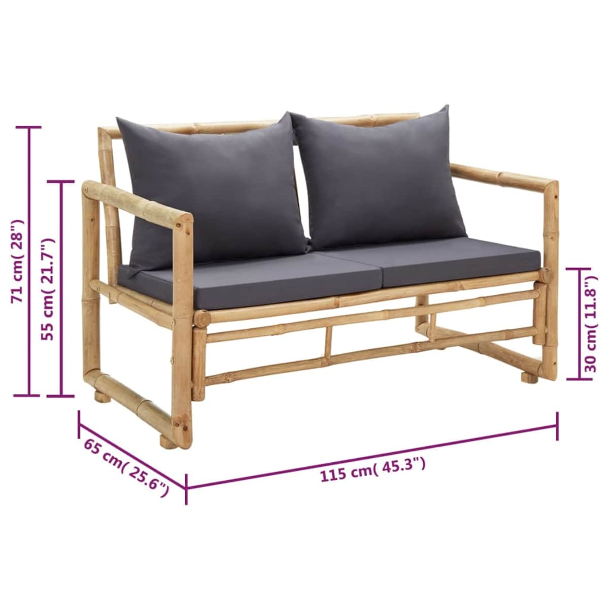 vidaXL Ławka ogrodowa z poduszkami, 115 cm, bambusowa