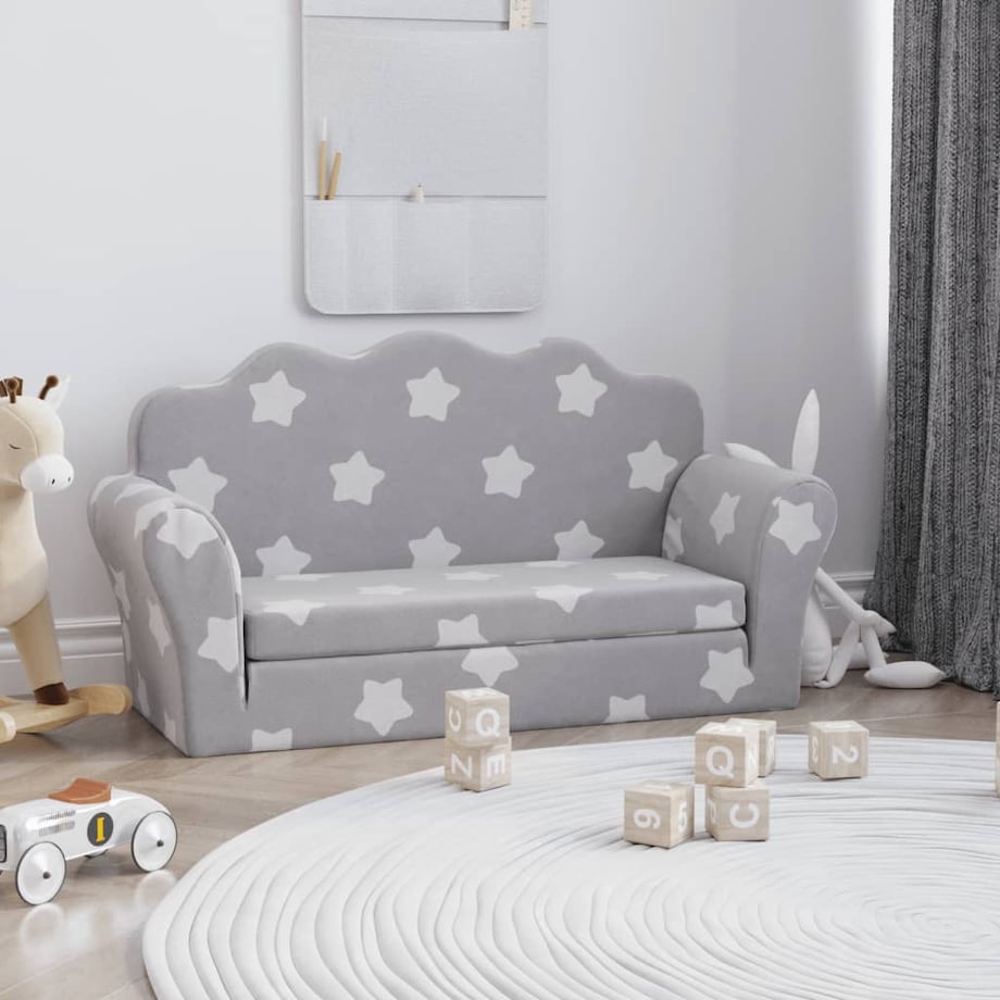vidaXL 2-os. sofa dla dzieci, rozkładana, szara w gwiazdki, plusz