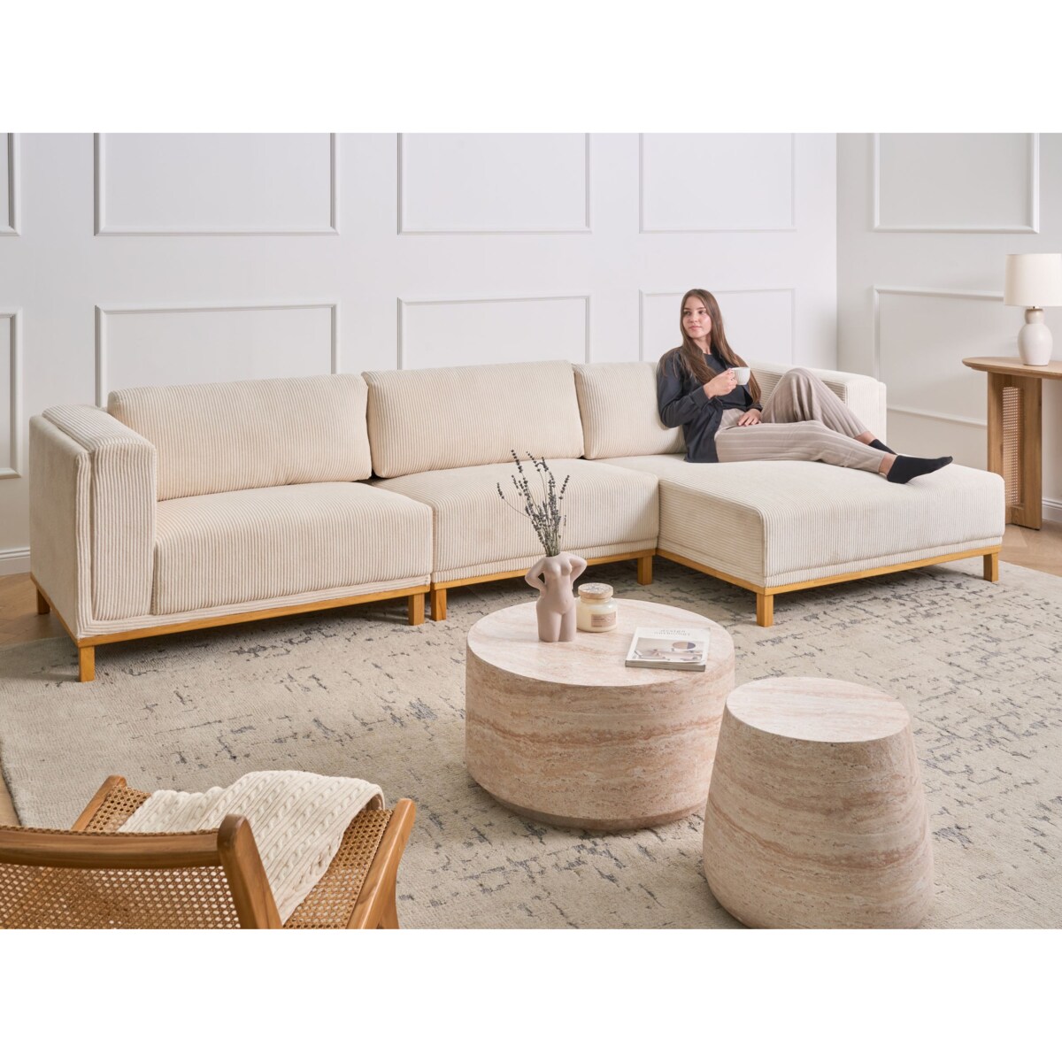 Narożnik dla 5 osób VENG Sztruks Jasnobeżowy Lewostronny