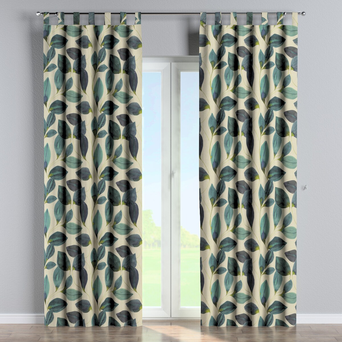 Zasłona na szelkach 1 szt. 130x245 liście w kolorze szmaragdowej zieleni z fioletem na lnianym tle