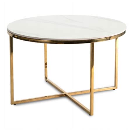Stolik Kawowy Okrągły Złoty Ława Glamour Biały Połysk Marmur MARINE
