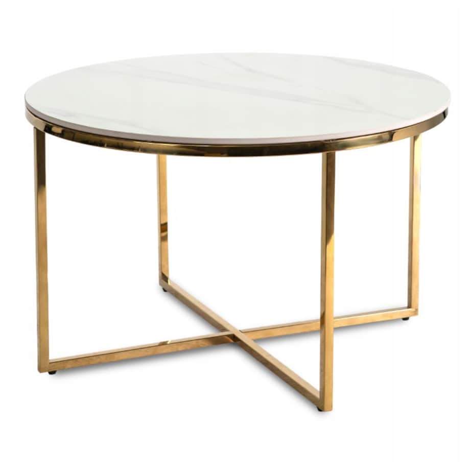 Stolik Kawowy Okrągły Złoty Ława Glamour Biały Połysk Marmur MARINE