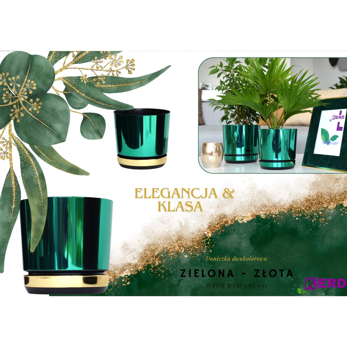 18 Doniczka DUO ZIELONA z podstawką ZŁOTA dwukolorowa nowoczesna glamour wysoki połysk metaliczna elegancka