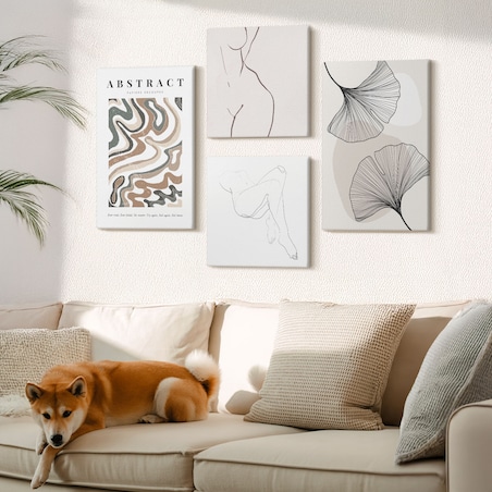 Zestaw 4 obrazów na płótnie - Abstrakcyjny boho kształty liści - beżowy