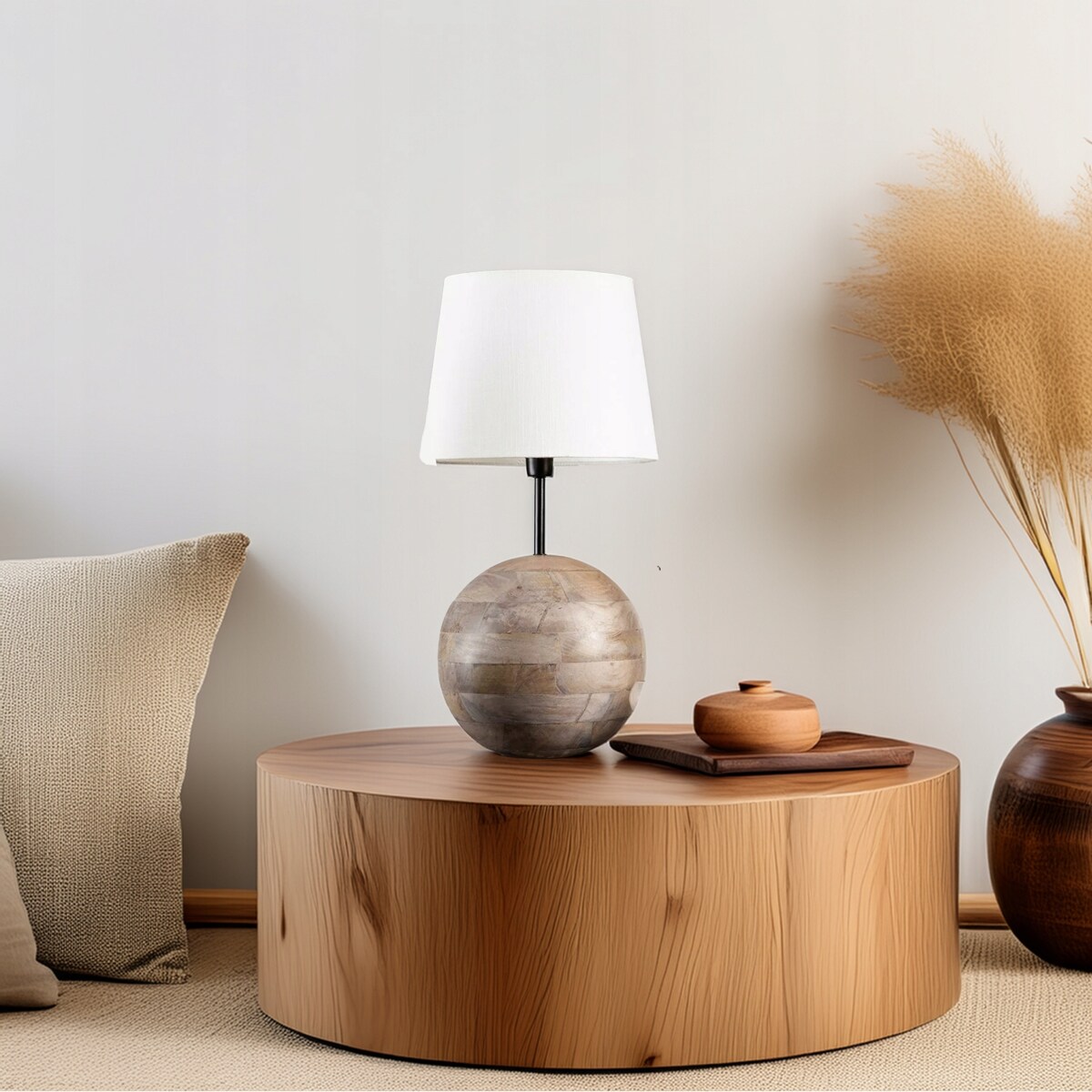 LAMPA DREWNIANA BOHO 47cm kula stołowa stojąca nocna biurkowa do salonu