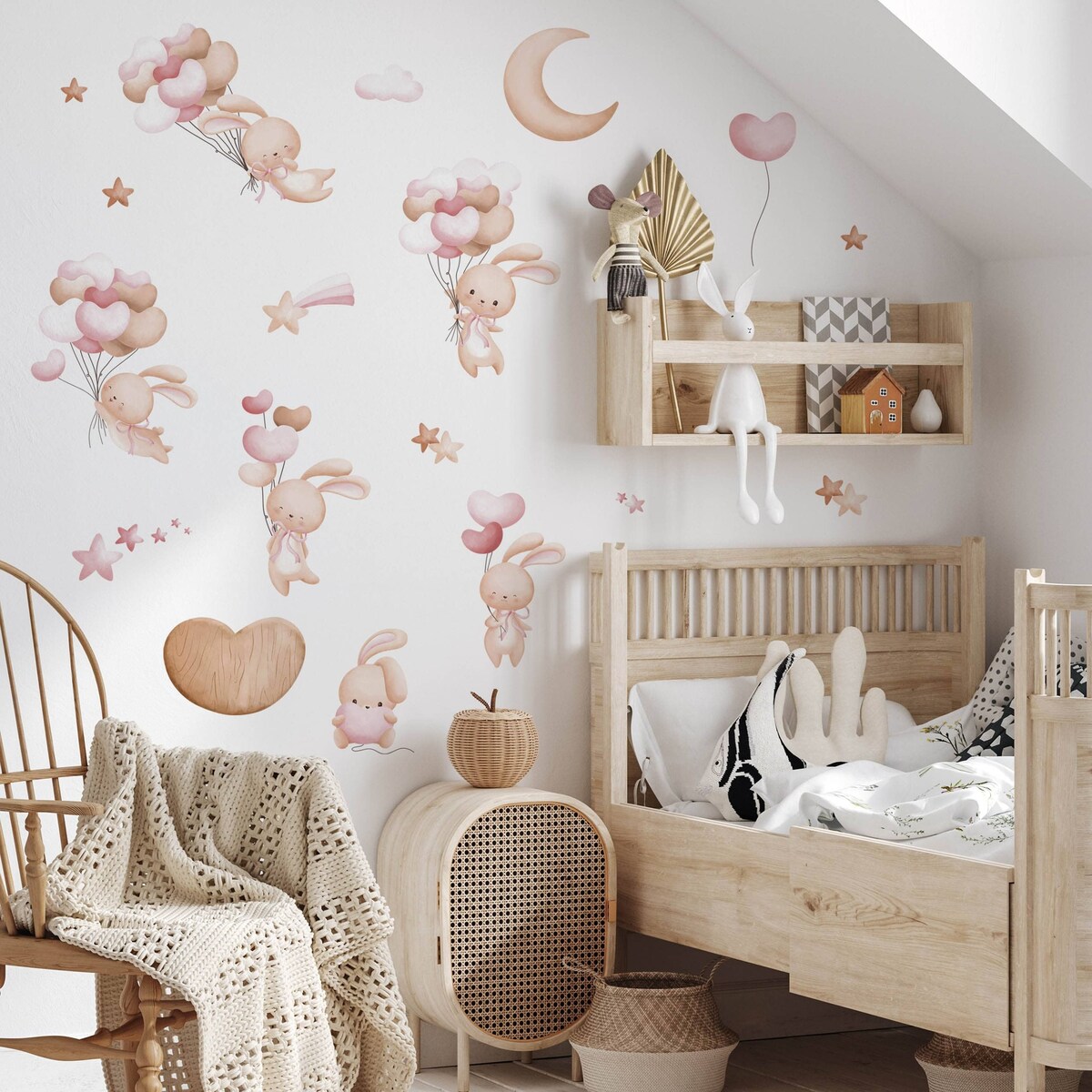 Naklejki Ścienne Dla Dzieci Króliczki Balony Serca Gwiazdy Księżyc ZESTAW 120x60cm