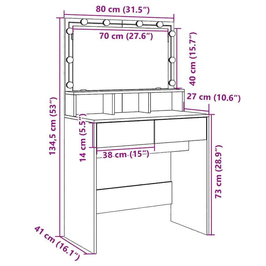 vidaXL Toaletka z oświetleniem LED, dąb sonoma, 80x41x134,5 cm