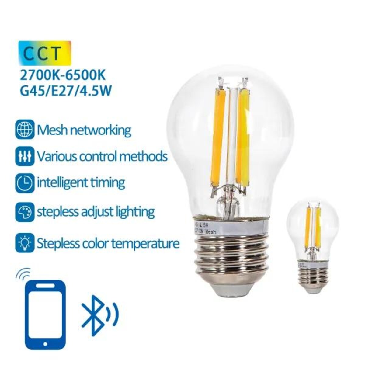 inteligentna żarówka bluetooth mesh g45 4.5w cct 2 szt. ,z pilotem