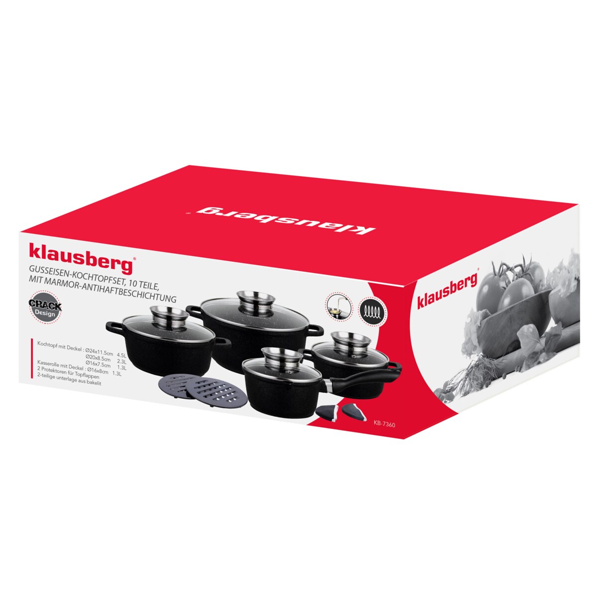 Zestaw 4 garnków z powłoką granitową 1.3/1.3/2.3/4.5L 12 ele KLAUSBERG crack design