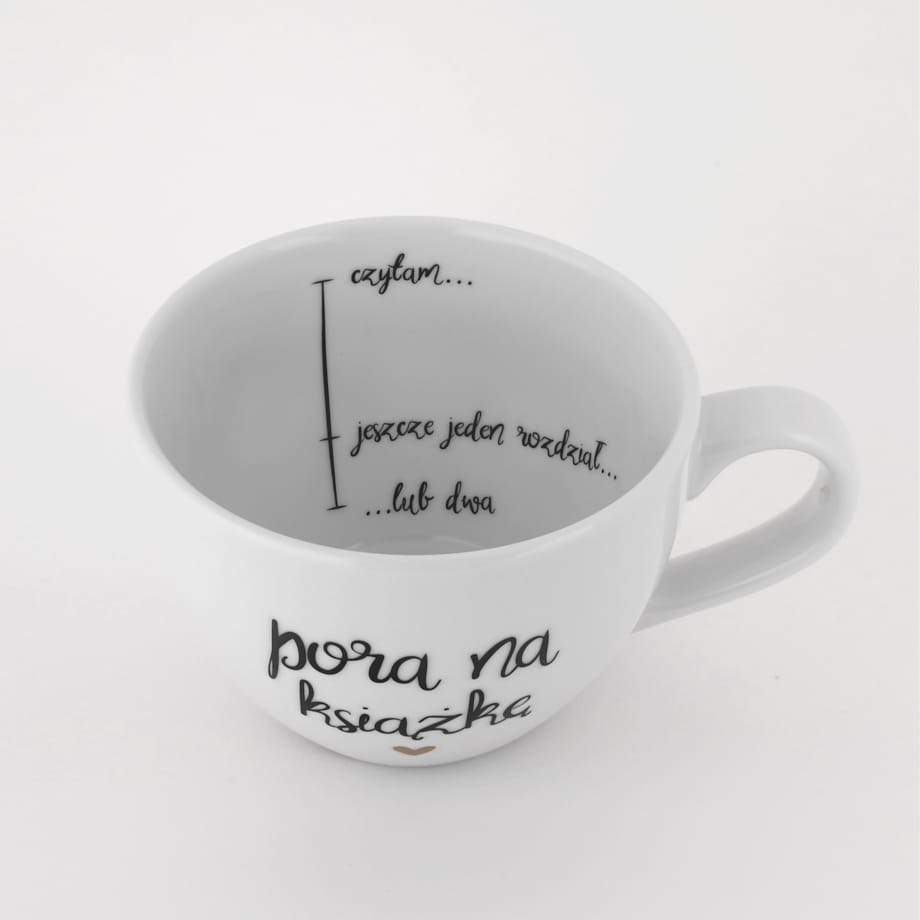 Biały Kubek Porcelanowy 500 ml - Napis Pora na Książkę z Motywem Złotego Serca dla Miłośniczki Czytania na Światowy Dzień Książki