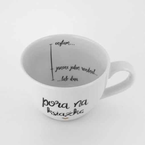 Biały Kubek Porcelanowy 500 ml - Napis Pora na Książkę z Motywem Złotego Serca dla Miłośniczki Czytania na Światowy Dzień Książki