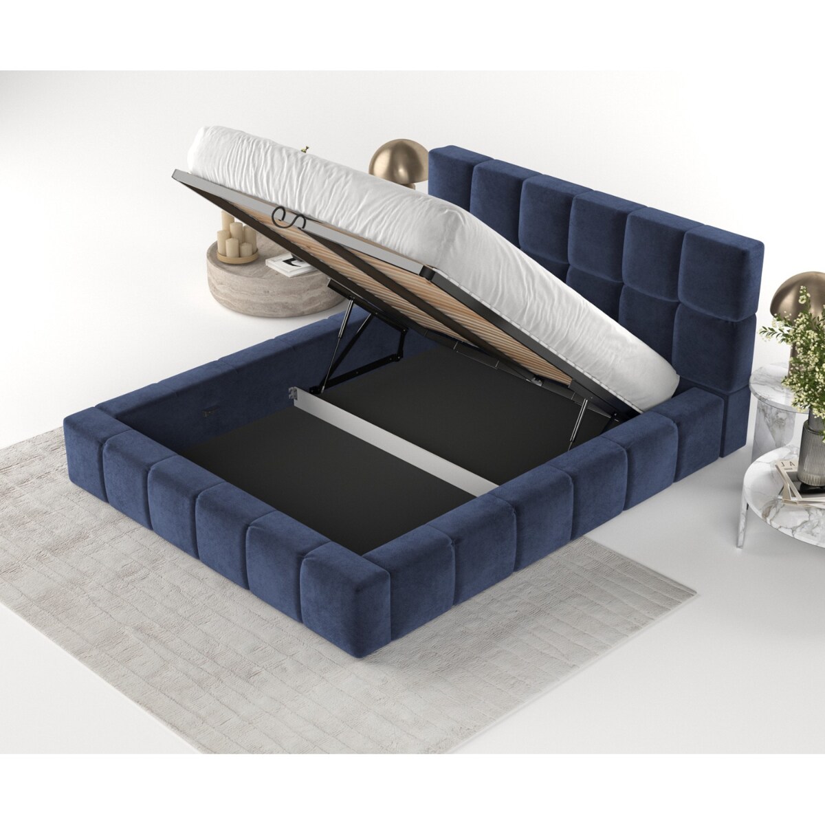Łóżko tapicerowane PAROS 180x200 z pojemnikiem, Granatowy, tkanina Terra NW 79