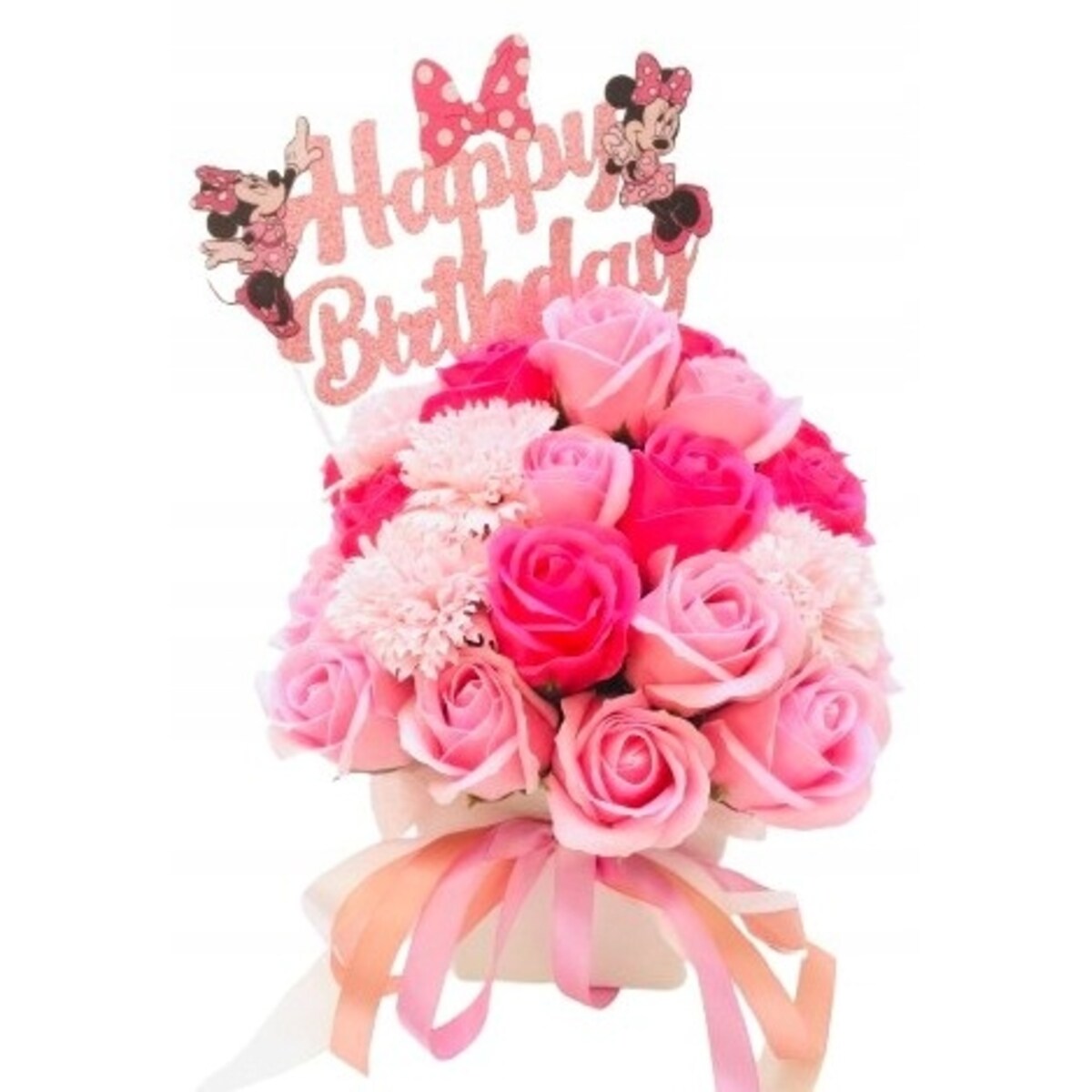 FLOWER BOX RÓŻOWE kwiaty MYDLANE na urodziny dziewczynki prezent MINNIE