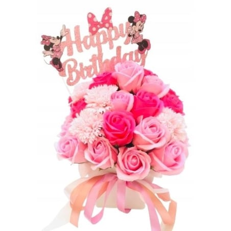 FLOWER BOX RÓŻOWE kwiaty MYDLANE na urodziny dziewczynki prezent MINNIE