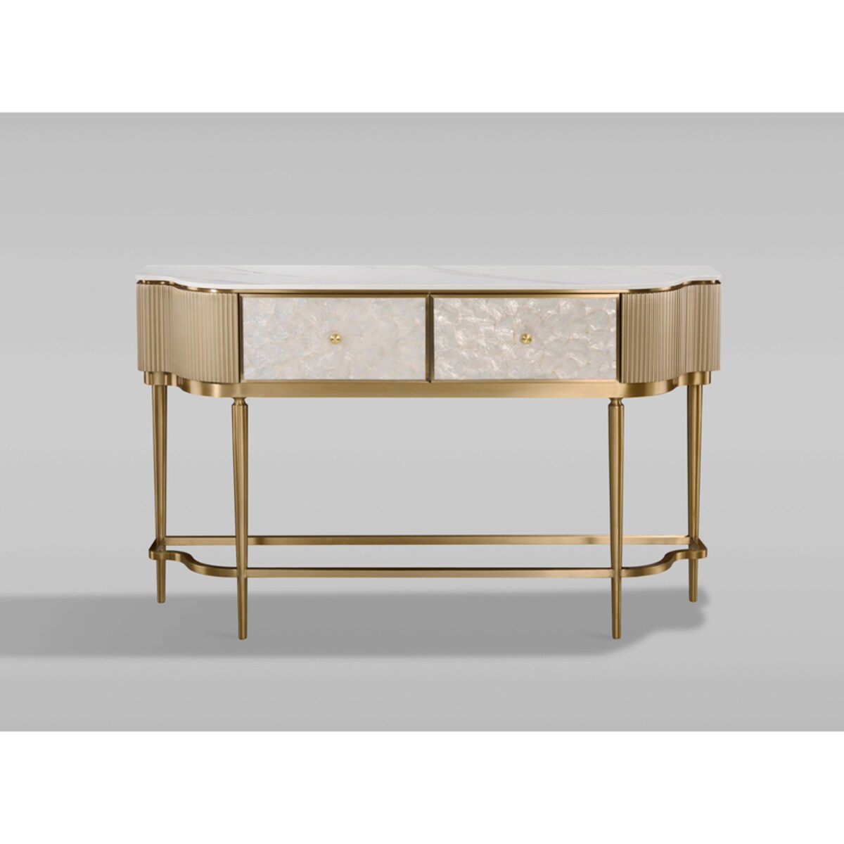 Złota konsola glamour Champion z prawdziwymi muszlami 140x35x86