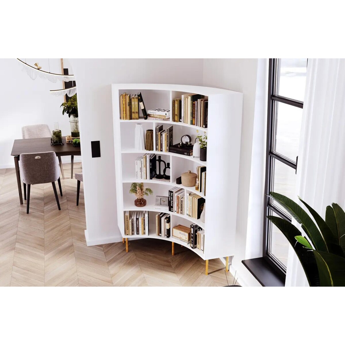 Nowoczesny narożny regał na książki Skandica HORN ze złotymi nogami / biały
