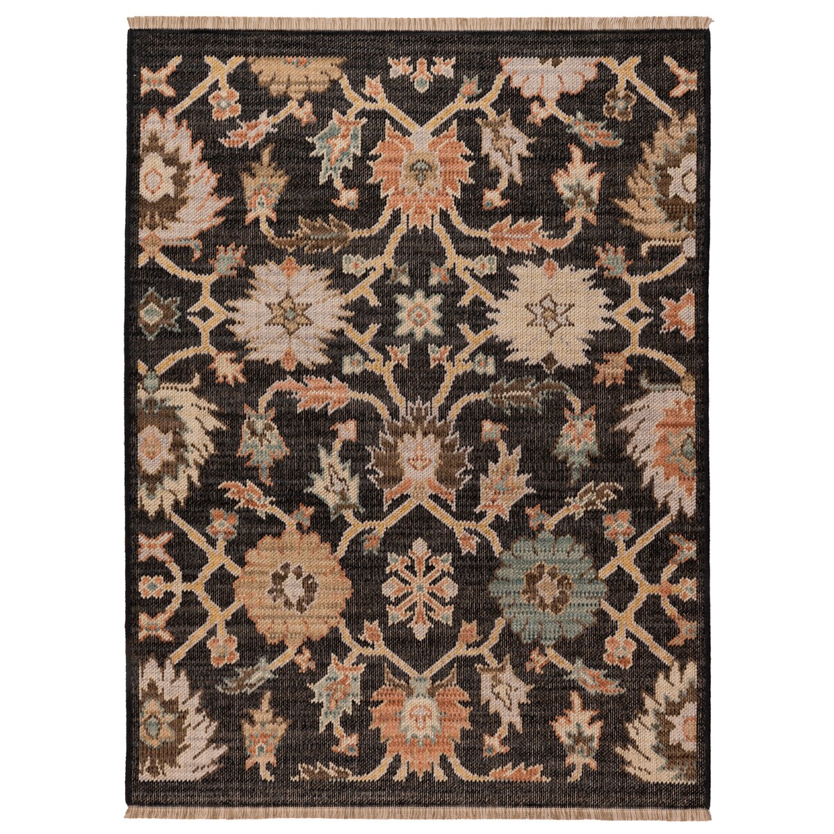 Dywan Wełniany Royal Wool 60x100 cm z frędzlami kwiaty czarny