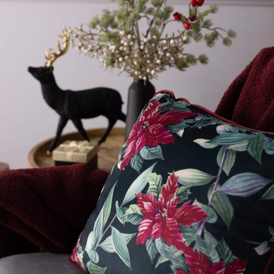Poszewka na poduszkę Poinsettia Elegance 43x43 cm boże narodzenie, święta, świąteczne, czarny-zielony-czerwony-wielokolorowy, 43x43 cm