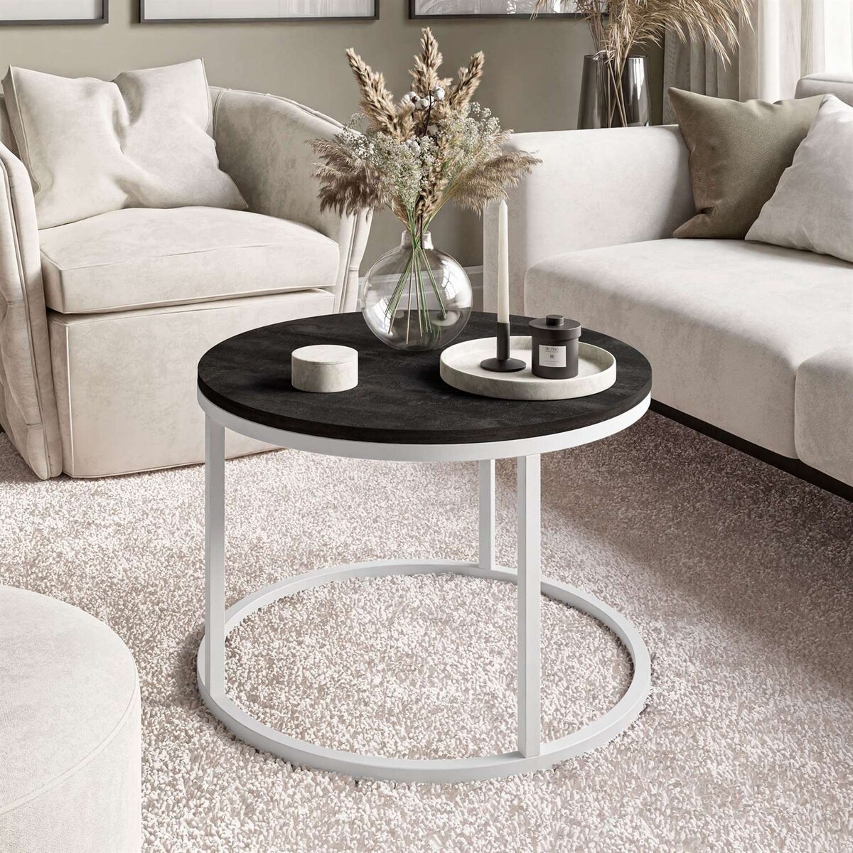 Okrągły stolik kawowy CIRI biały ciemny beton