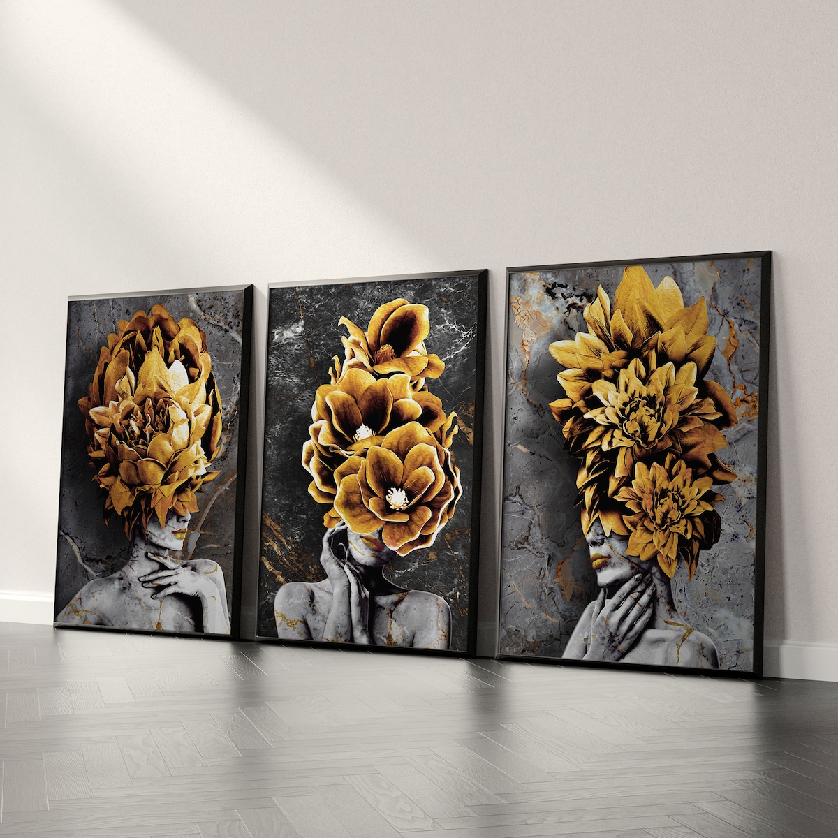 ZESTAW 3X PLAKAT W RAMIE DO SALONU ABSTRAKCJA PORTRETY KWIATY MARMUR 30x40cm