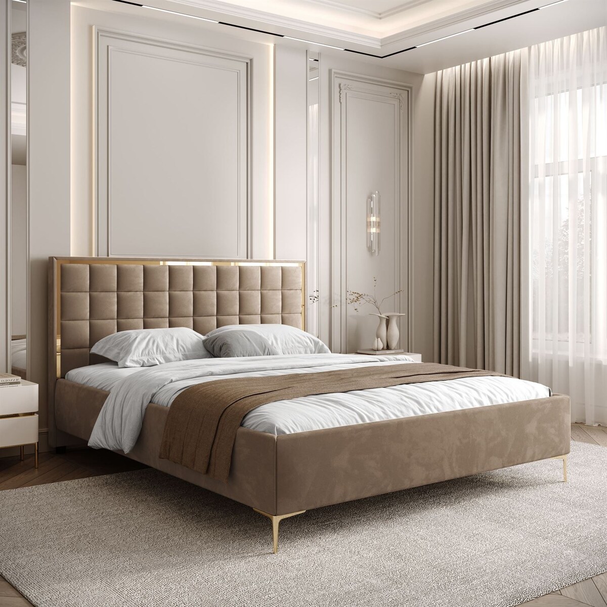 Łóżko tapicerowane ISADORA GOLD, pojemnik na pościel, stelaż 34, 180x200, RV 176