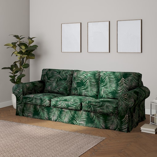 Pokrowiec na sofę Ektorp 3-osobową, rozkładaną, liscie na zielonym tle , 218 x 88 x 88 cm, Velvet